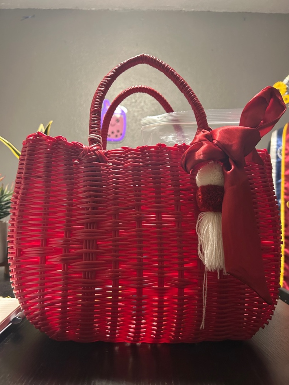 Red Woven Tote with goodies
